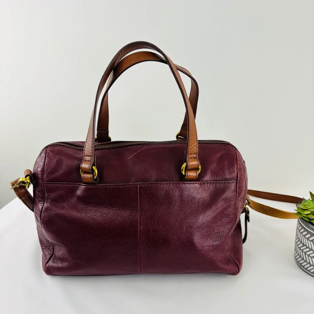 Fossil Burgundy Brown Leather Geometric‎ Patchwork Satchel Crossbody Bag